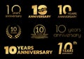 10 years anniversary icon or logo set. 10th birthday celebration golden badge or label for invitation card, jubilee design. Vector